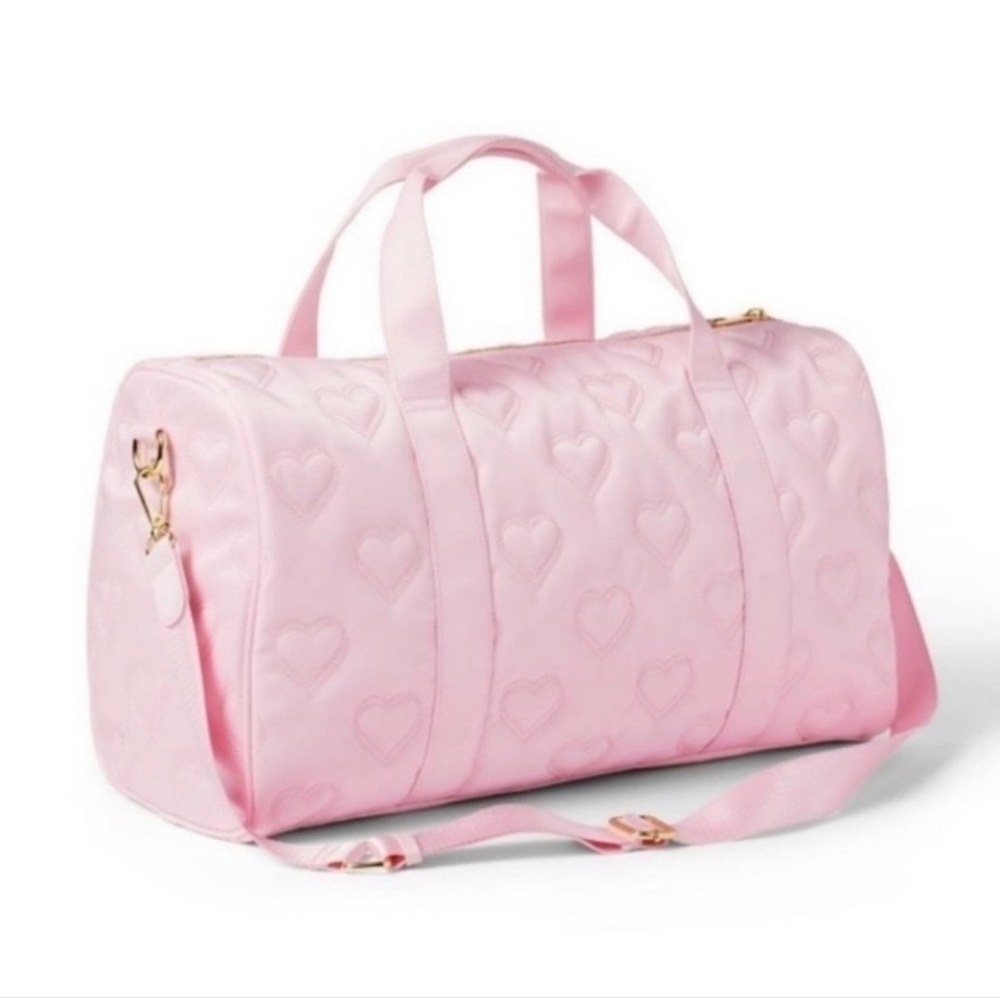 Stoney Clover Ln Quilted Heart Duffle Bag Light Pink Gold Zipper
